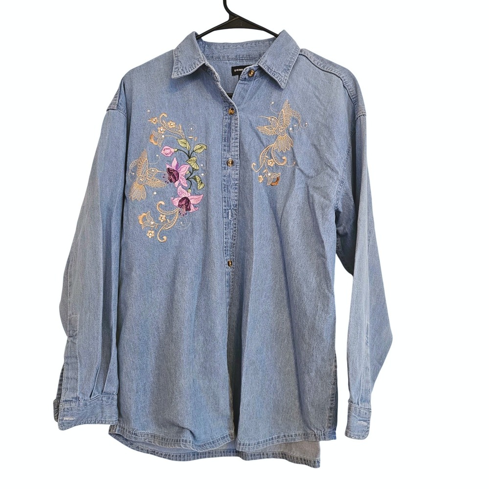 Sierra‎ Pacific Denim Shirt Women's Long Embroidered Hummingbird Floral Size L